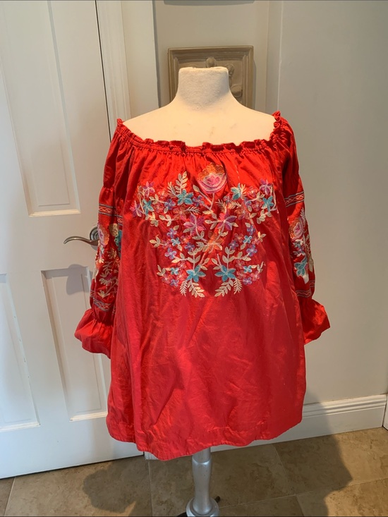 Free People Dresses & Skirts - Free People Red Off-Shoulder Embroidered Tunic